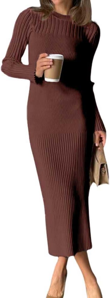 chouyatou Women's 2026 Fall Winter Sweater Dresses Crewneck Long Sleeve Rib Knit Midi Long Bodycon Dress
