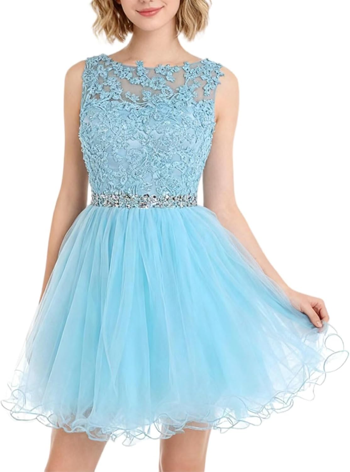Dydsz Women's Lace Applique Short Prom Dress A Line Tulle Homecoming Dresses Beaded Mini Graduation Party Dress - Image 2