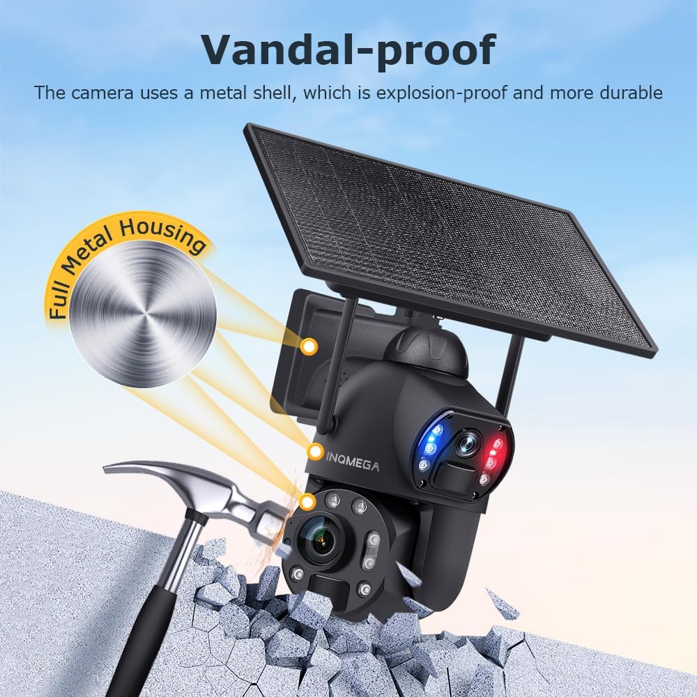 INQMEGA Metal Security Camera with 36X Optical Zoom, 4G LTE Connectivity, Solar Power with 20000mAh Battery and 10W Panel, PIR Motion Detection, Spotlight Siren, and 6MP Dual Lens - Image 2