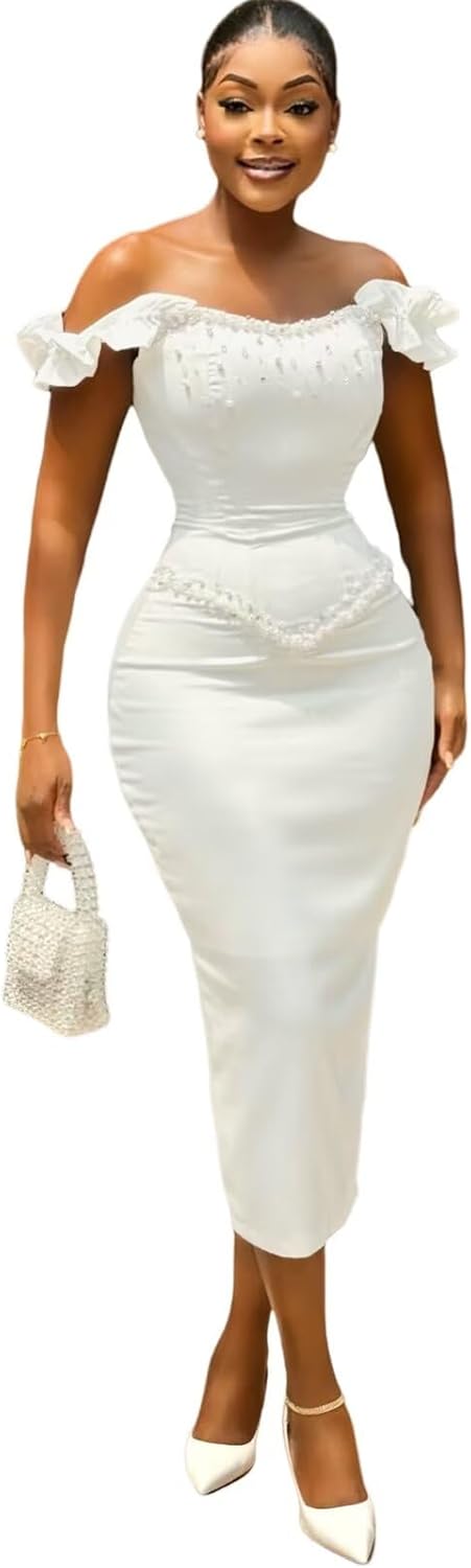 Civil Wedding Dresses Off Shoulder Midi Length Pearls African Women Bridal Gowns