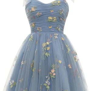 Women's Tie Strap Tulle Prom Dresses Sweetheart Flower Embroidery Dress Short Formal Party Mini Homecoming Dresses