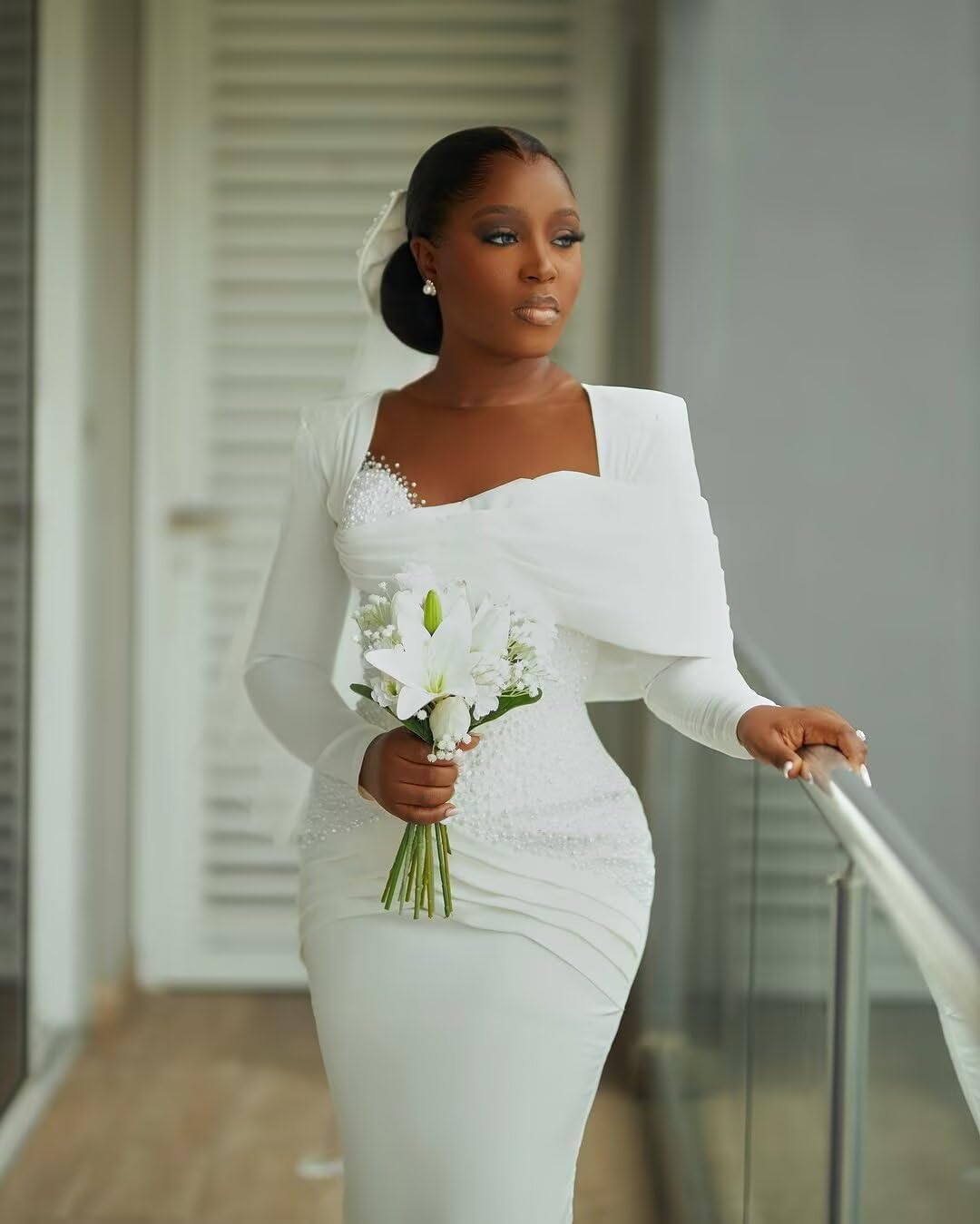 Civil Wedding Dresses for Bride Pearls Long Sleeve Midi Courthouse Africa Bridal Gowns - Image 7