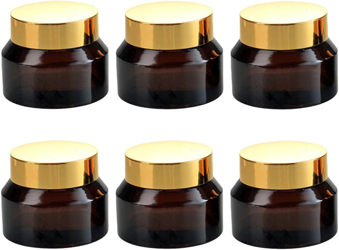 VICASKY 6 Pcs 50ml Amber Glass Travel Cream Jars with Gold Lids Refillable Small Cosmetic Containers for Face Lotion Skincare Samples