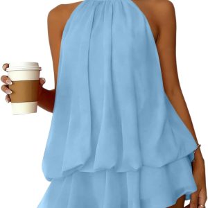 Party Dress for Women Halter Tie Backless Chiffon Mini Dress Sleeveless Going Out Dresses Ruffle Brunch Outfits