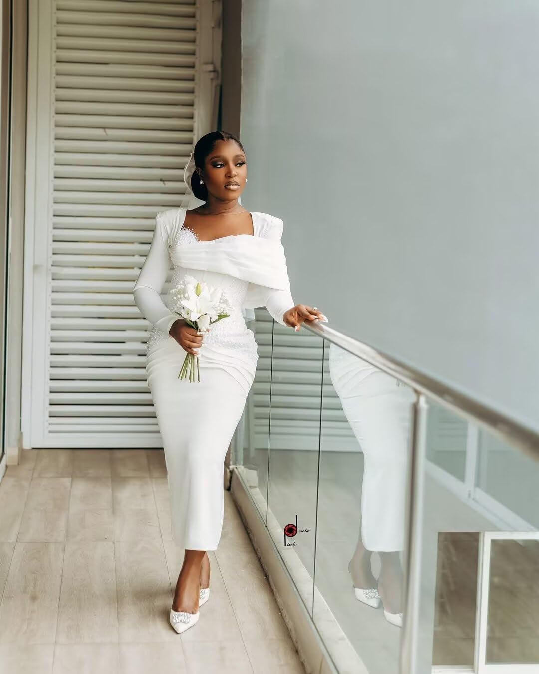 Civil Wedding Dresses for Bride Pearls Long Sleeve Midi Courthouse Africa Bridal Gowns - Image 2