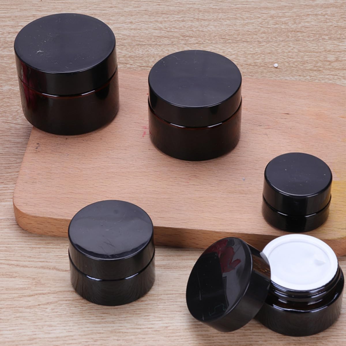 Healifty 20pcs Amber Glass Face Cream Jars 10g Cosmetic Containers with Black Lids Refillable Makeup Travel Jars for Lotion and Eye Cream Storage - Image 7