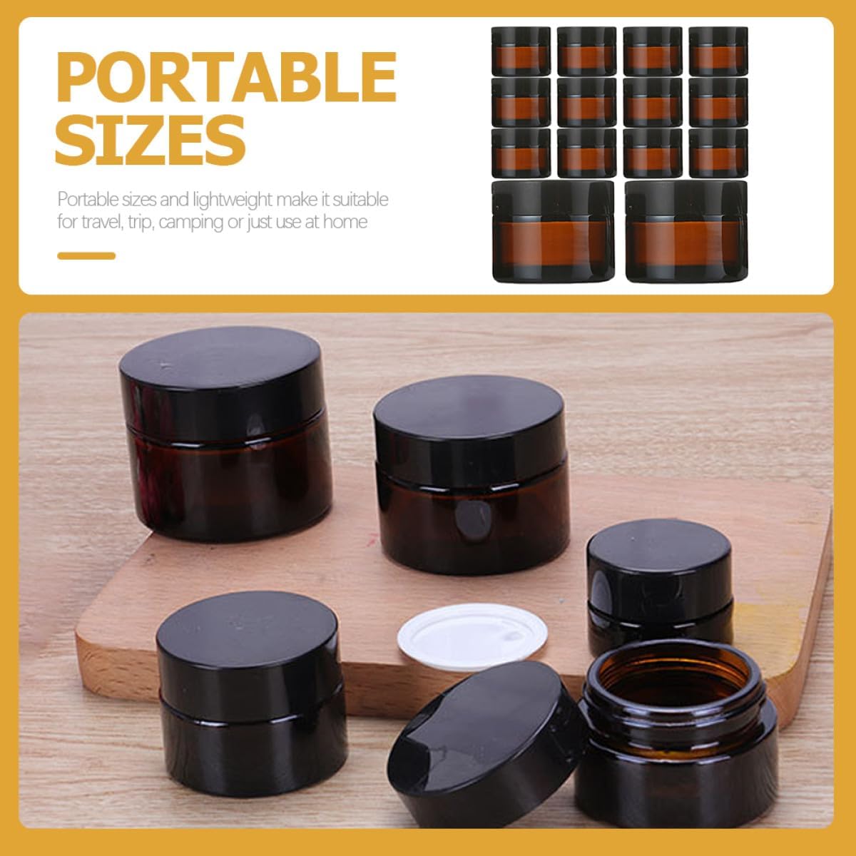 Healifty 20pcs Amber Glass Face Cream Jars 10g Cosmetic Containers with Black Lids Refillable Makeup Travel Jars for Lotion and Eye Cream Storage - Image 4
