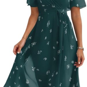 Fairy Dress Woman Chiffon V-Neck Short Sleeve High Waist Cinching A-Line Ruffle Wedding Guest Dresses, S-2Xl