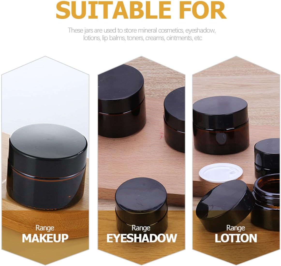 Healifty 20pcs Amber Glass Face Cream Jars 10g Cosmetic Containers with Black Lids Refillable Makeup Travel Jars for Lotion and Eye Cream Storage - Image 5