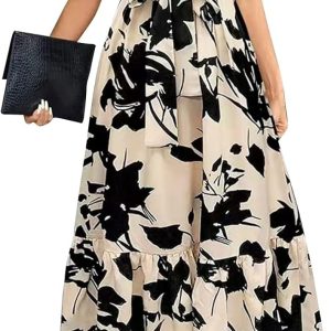 Elegant Dresses for Women Wrap Short Sleeve Crewneck Tie High Waist Aline Patchwork Floral Flowy Dress, S-2Xl