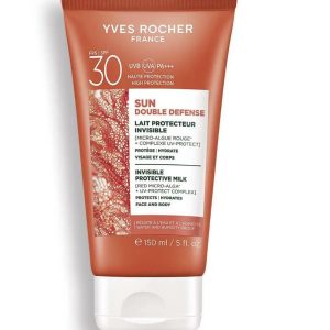 Yves Rocher Sun Double Defense 30 Moisturizing Sun Care Milk Face Body Lightweight Hydrating Lotion Invisible Finish Water Resistant Summer Skin Care with Red Microalgae Extract 150 ml/5.07flOz