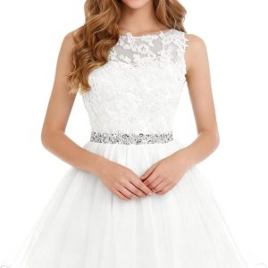 Dydsz Women's Lace Applique Short Prom Dress A Line Tulle Homecoming Dresses Beaded Mini Graduation Party Dress
