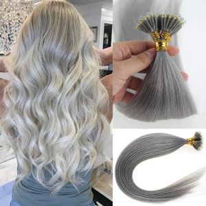 Nano Ring Human Hair Extensions Silver Gray Invisible Micro Nano Beads Link Remy Hair Grey Color for Wedding 14inch 50s 40g