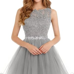 Dydsz Women's Lace Applique Short Prom Dress A Line Tulle Homecoming Dresses Beaded Mini Graduation Party Dress