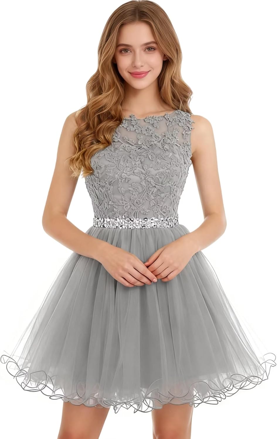 Dydsz Women's Lace Applique Short Prom Dress A Line Tulle Homecoming Dresses Beaded Mini Graduation Party Dress