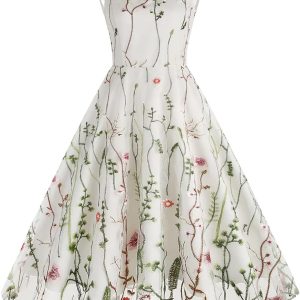 Women Keyhole Floral Embroidery Dress Sheer Mesh Illusion Vintage Cocktail Swing Dress Wedding Party Prom Tulle Evening Dress