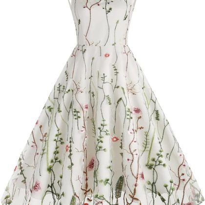 Women Keyhole Floral Embroidery Dress Sheer Mesh Illusion Vintage Cocktail Swing Dress Wedding Party Prom Tulle Evening Dress