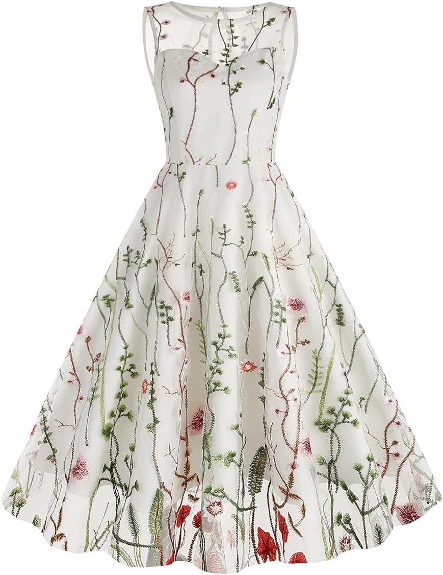Women Keyhole Floral Embroidery Dress Sheer Mesh Illusion Vintage Cocktail Swing Dress Wedding Party Prom Tulle Evening Dress