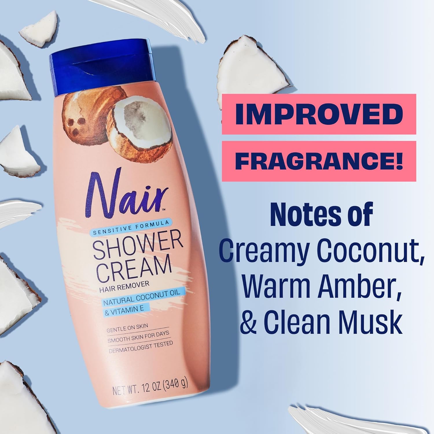 Nair Sensitive Shower Cream Hair Remover with Natural Coconut Oil and Vitamin E, Body Hair Removal Cream, 12 oz (Pack of 2) - Image 3