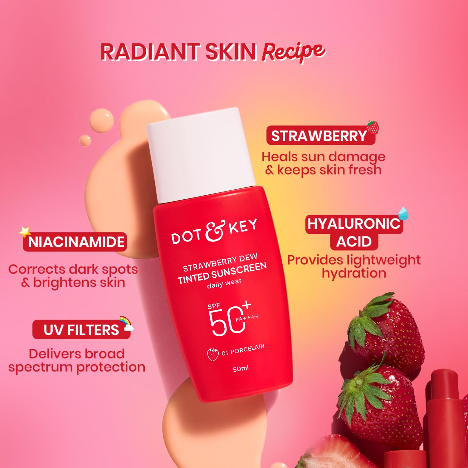 Dot & Key Strawberry Dew Tinted Sunscreen SPF 50 PA++++ | Broad Spectrum Face Sunscreen | For All Skin Types | 1.69 fl oz (50 ml) - Image 7