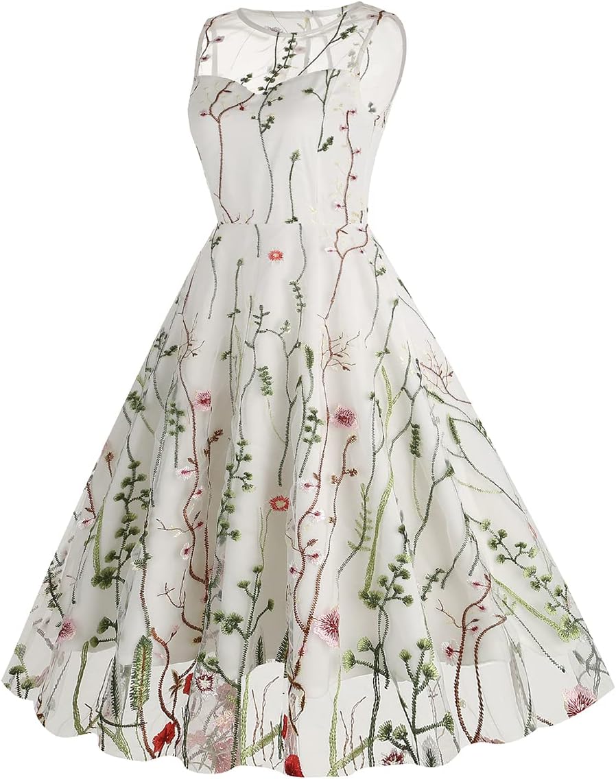 Women Keyhole Floral Embroidery Dress Sheer Mesh Illusion Vintage Cocktail Swing Dress Wedding Party Prom Tulle Evening Dress - Image 3