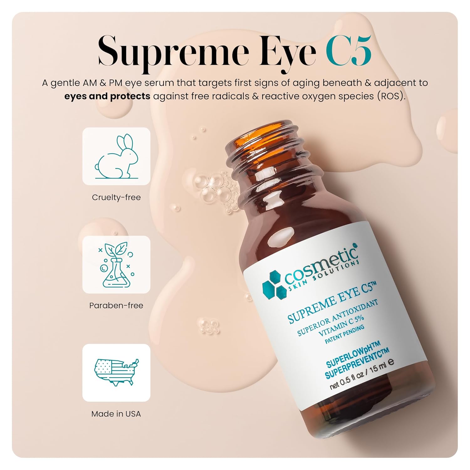 Supreme C5 Vitamin C Eye Gel – Hydrating Undereye Cream with 5% Vitamin C, Hyaluronic Acid & Asiatic Acid – Helps Control Under Eye Circles, Puffiness, Bags & Fine Lines – 0.5 fl oz - Image 2