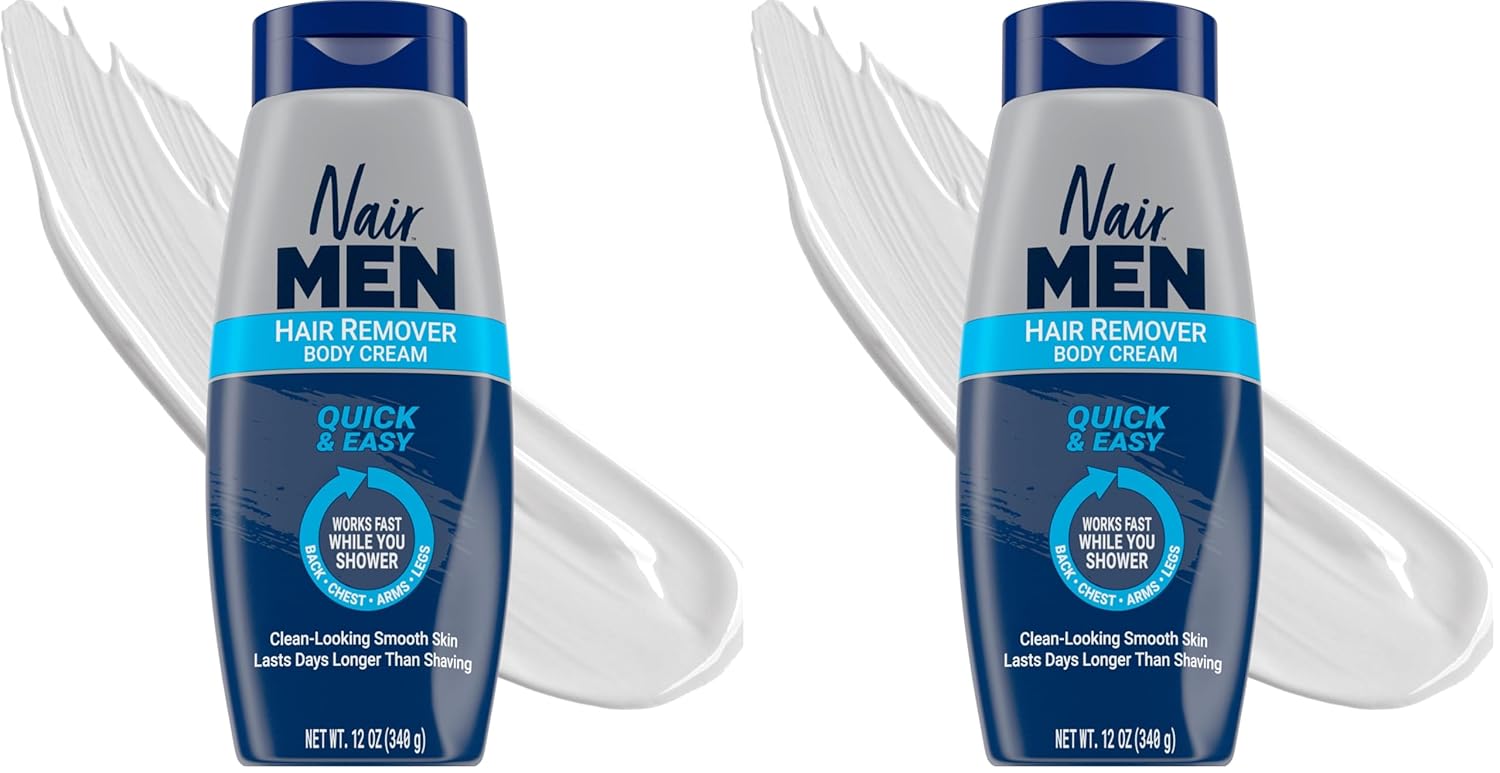 Nair Men Hair Remover Body Cream, Quick and Easy Body Hair Removal Cream for Men, Aloe and Lanolin, Dermatologist Tested, 12 Oz, (Pack of 2)