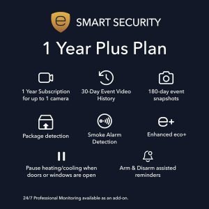 ecobee Smart Security Plus Plan – 1 Year Subscription, up to 1 Camera 30-day video history, person detection, package detection, Security Surveillance and Monitoring, Home Security, Arm and Disarm, Cancel Anytime