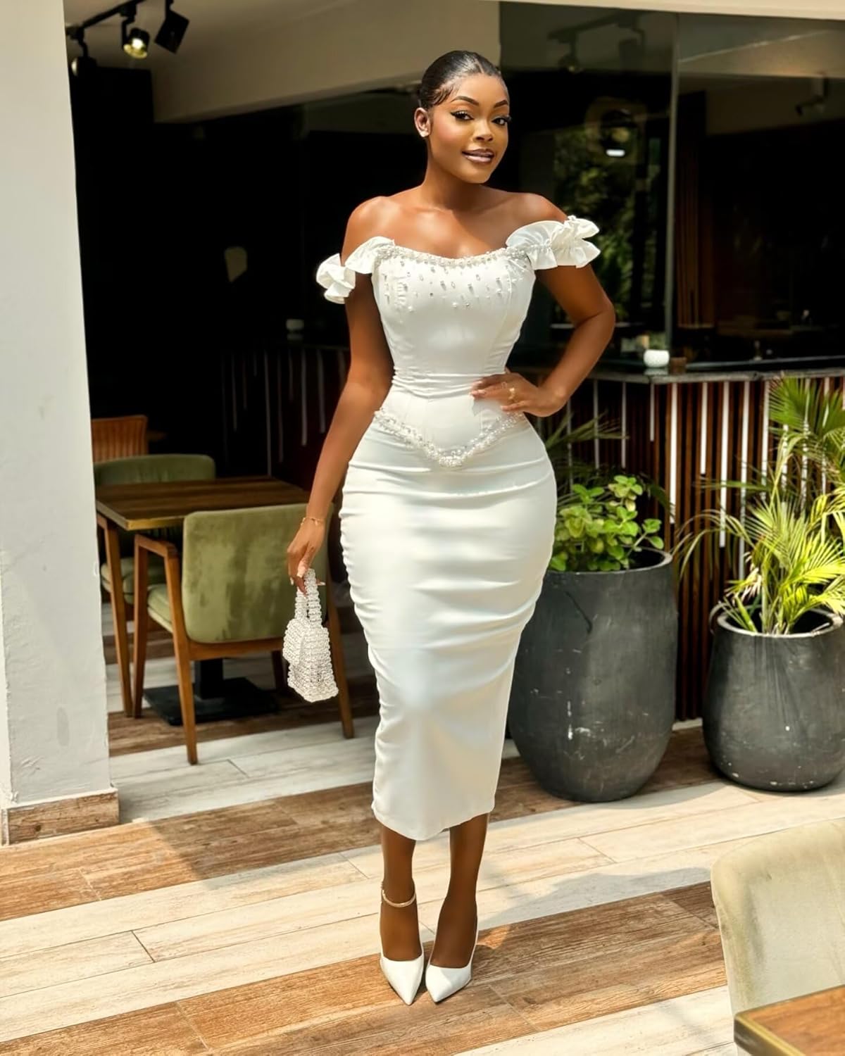 Civil Wedding Dresses Off Shoulder Midi Length Pearls African Women Bridal Gowns - Image 2