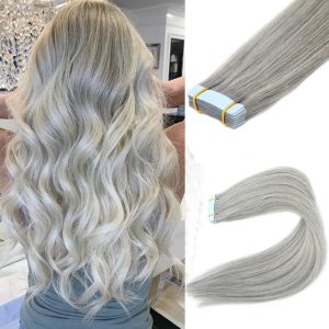 Tape in Human Hair Extensions Silver Gray Seamless Skin Wefts Tape-on Remy Hair Extensions Light Grey Straight for women 18 inch 20pieces 40gram per pack