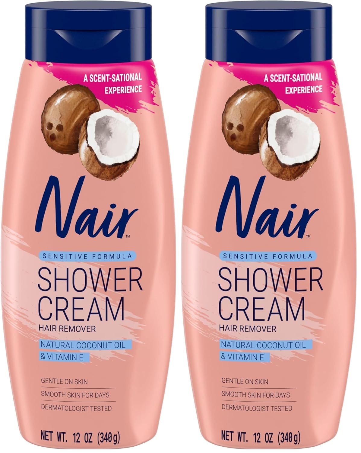 Nair Sensitive Shower Cream Hair Remover with Natural Coconut Oil and Vitamin E, Body Hair Removal Cream, 12 oz (Pack of 2)