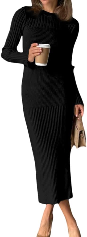 chouyatou Women's 2026 Fall Winter Sweater Dresses Crewneck Long Sleeve Rib Knit Midi Long Bodycon Dress