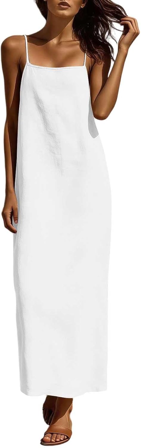 Women's Linen Maxi Slip Dress Spaghetti Strap Sleeveless Casual Loose Long Cami Sundress Summer Beach Vacation Resort Wear