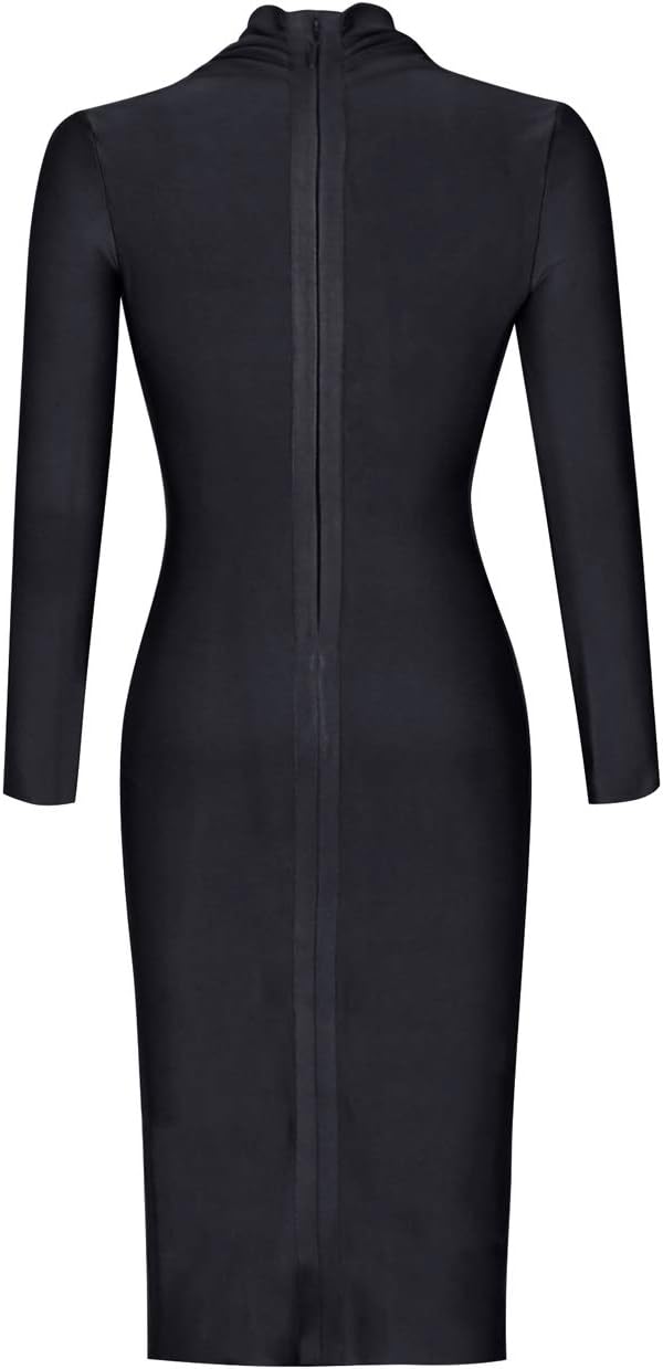 UONBOX Women's Deep Plunge V Neck Long Sleeves Draped Knee Length Bodycon Bandage Dress - Image 5