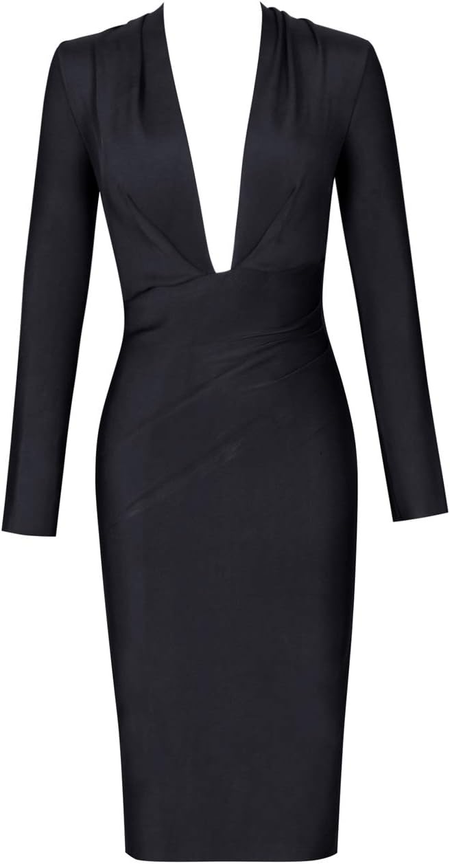 UONBOX Women's Deep Plunge V Neck Long Sleeves Draped Knee Length Bodycon Bandage Dress - Image 4