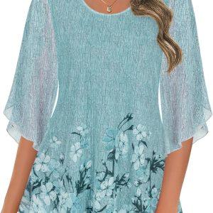 Ninedaily Women's Tops 3/4 Sleeve Blouses Dressy Casual Double Layers Mesh Tunic Shirts