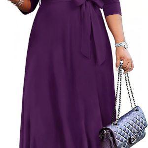 FANDEE Maxi Dress for Women 2026, Long Casual Empire Waist Dresses 3/4 Sleeve Round Neck with Belt