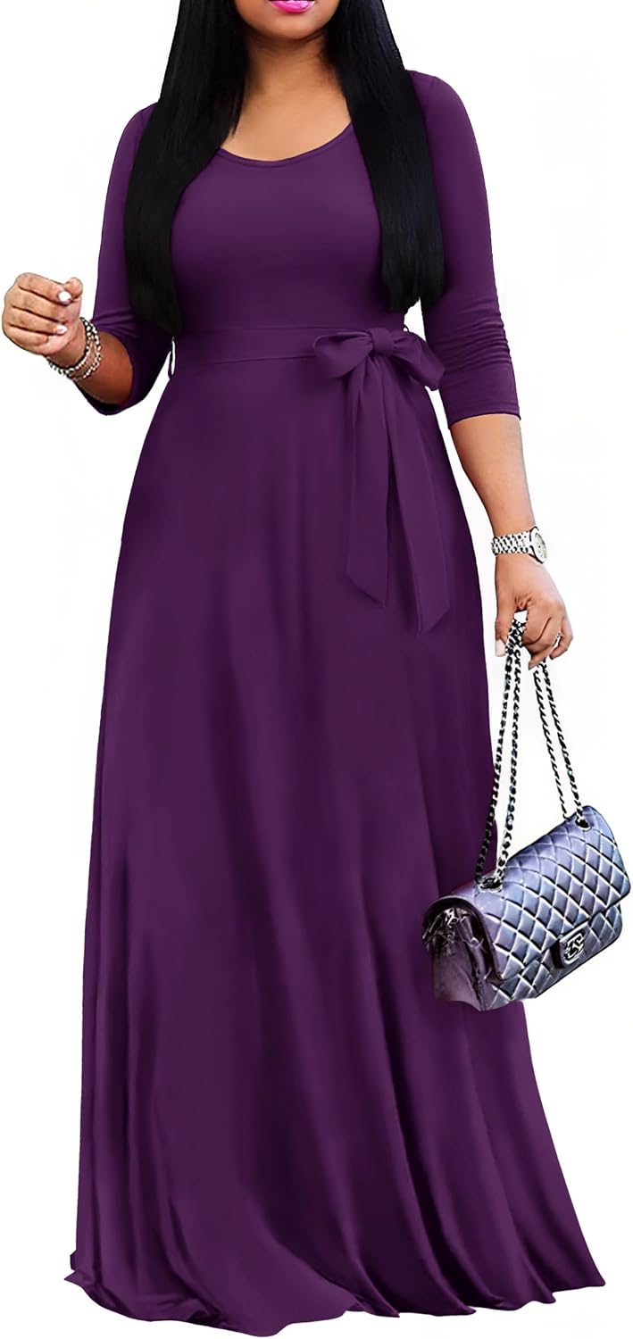 FANDEE Maxi Dress for Women 2026, Long Casual Empire Waist Dresses 3/4 Sleeve Round Neck with Belt