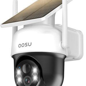 AOSU Solar Camera Security Outdoor - 100% Wire-Free Security Cameras Wireless Outdoor for Home Surveillance with Fixed Solar Panel, 360° Panoramic View, Human Auto Tracking, 2K Color Night Vision