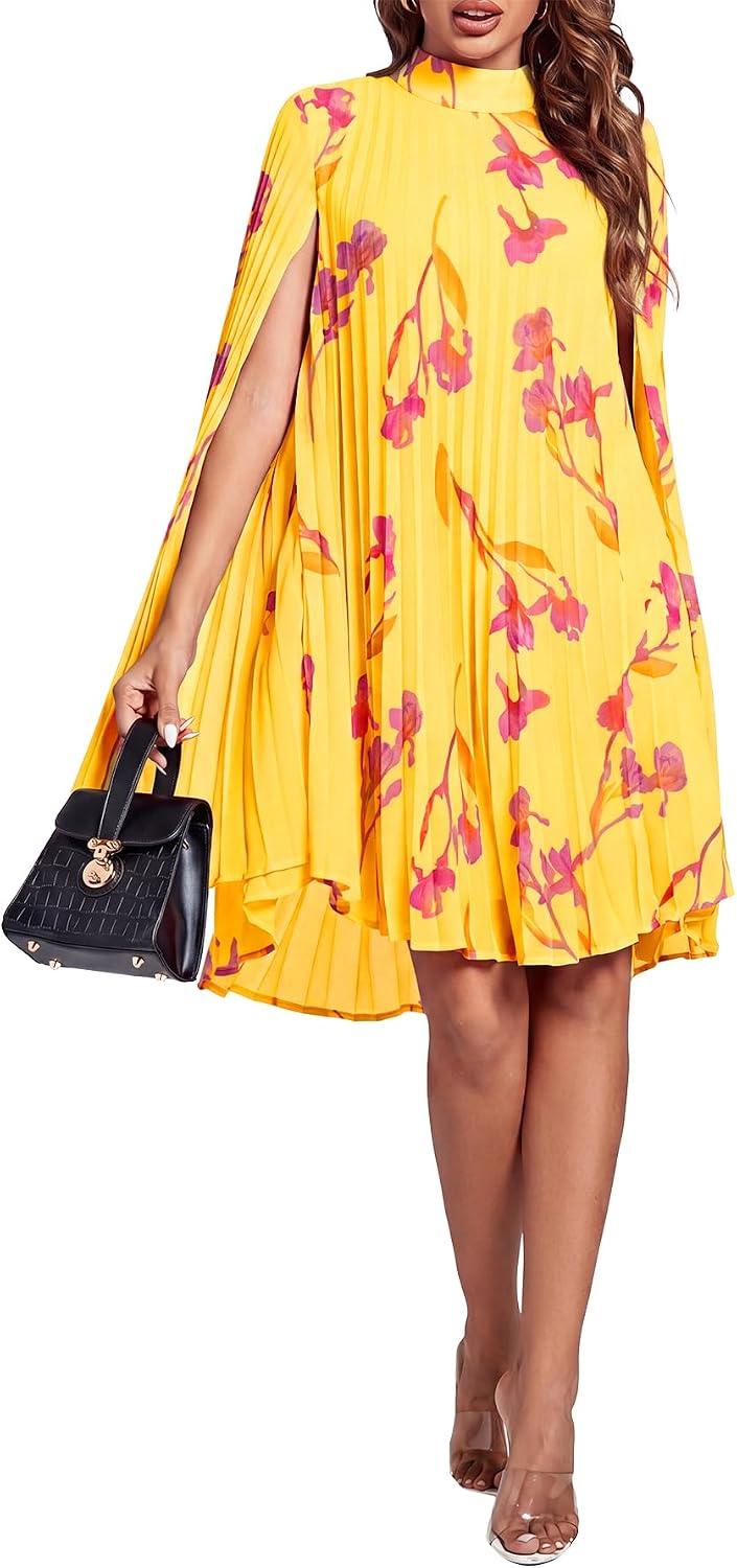 Rooscier Women's Mock Neck Cloak Sleeve Pleated Keyhole Back Flowy Party Midi Dress - Image 5