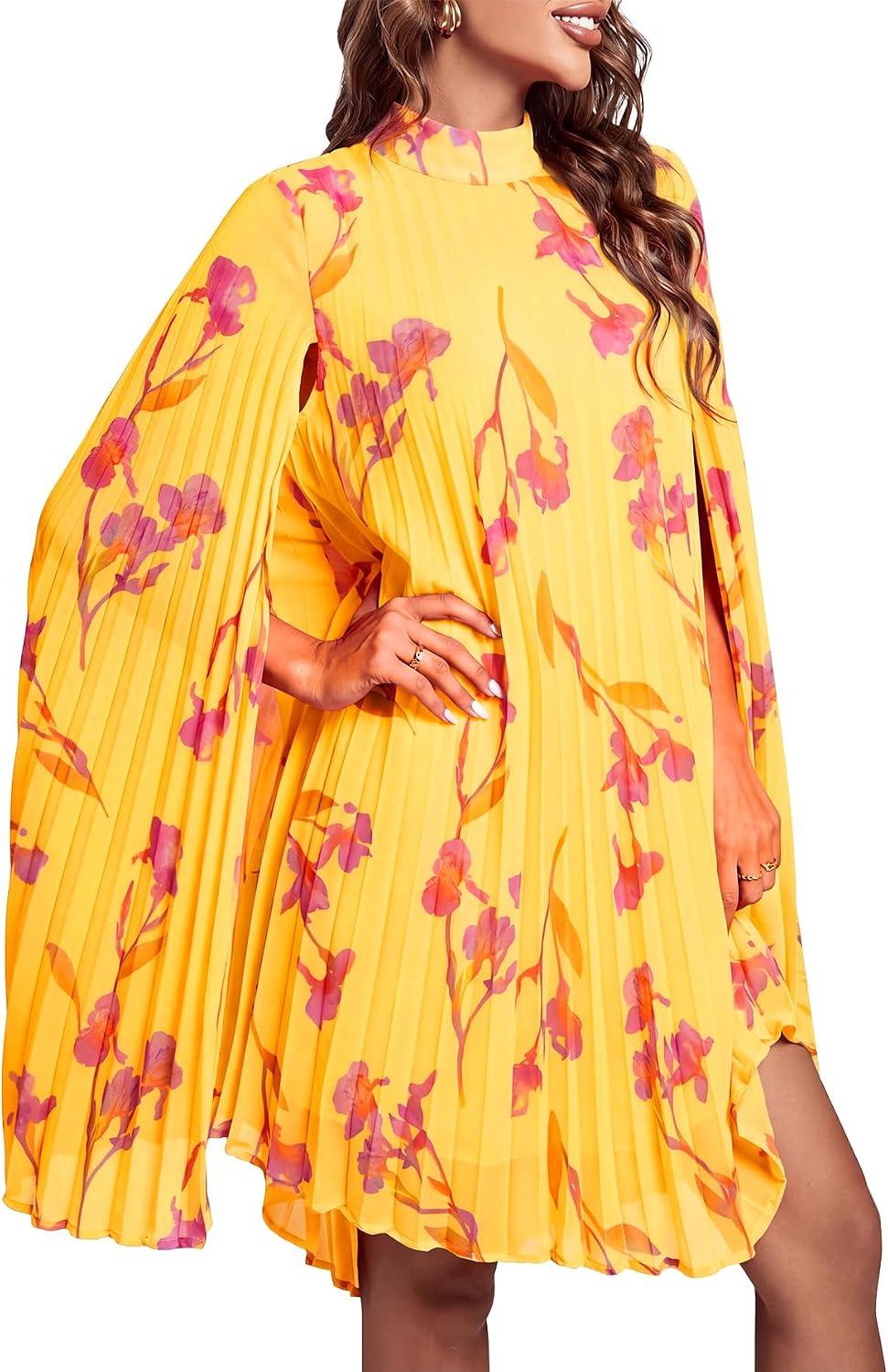 Rooscier Women's Mock Neck Cloak Sleeve Pleated Keyhole Back Flowy Party Midi Dress - Image 3