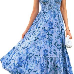 GRACE KARIN Women's Summer Floral Maxi Dress 2026 Ruffle Sleeve Smocked Sundress Flowy Wedding Guest Long Dresses with Pocket