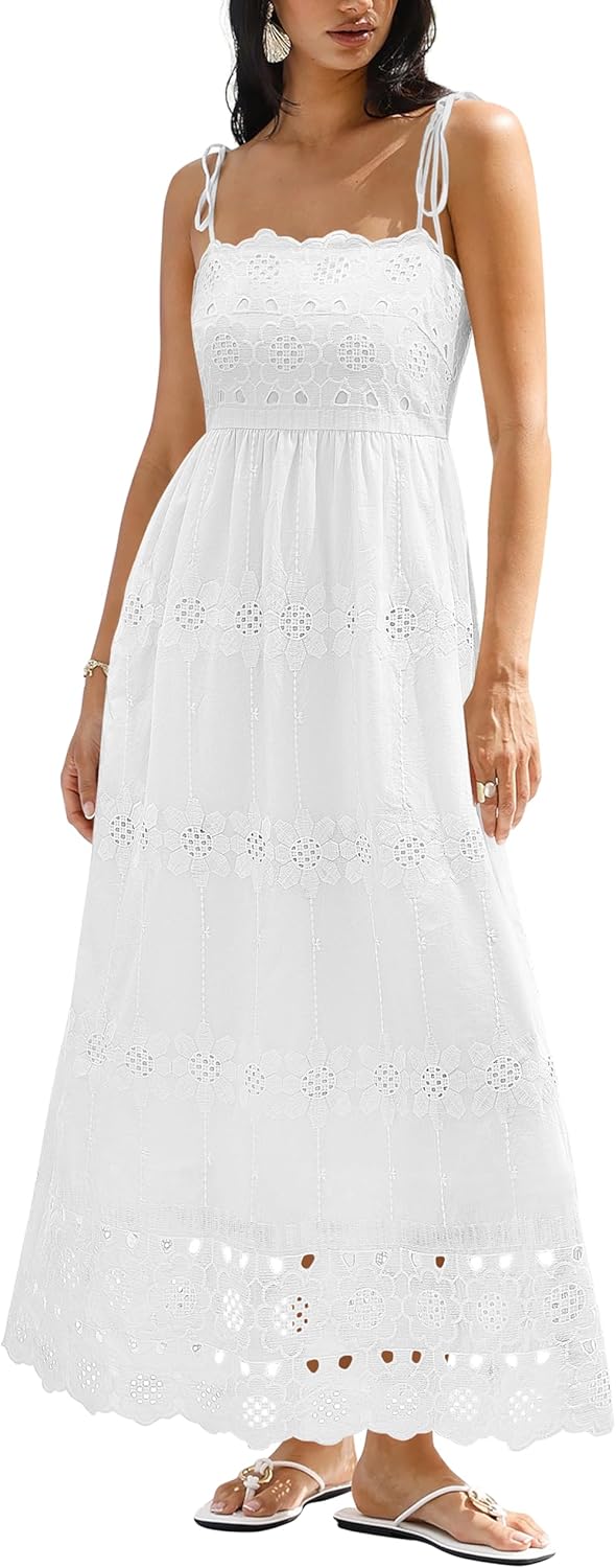 dowerme Womens Summer Maxi Dresses 2026 Casual Spaghetti Strap Smocked Eyelet Cotton Dress Long Beach Vacation Sundress