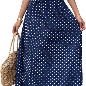 Milumia Women's Polka Dots Lace Trim Deep V Neck Dress Short Sleeve Flared Long Dresses