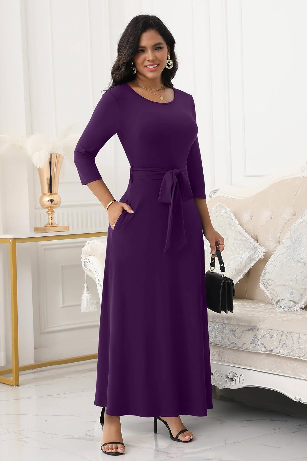 FANDEE Maxi Dress for Women 2026, Long Casual Empire Waist Dresses 3/4 Sleeve Round Neck with Belt - Image 4
