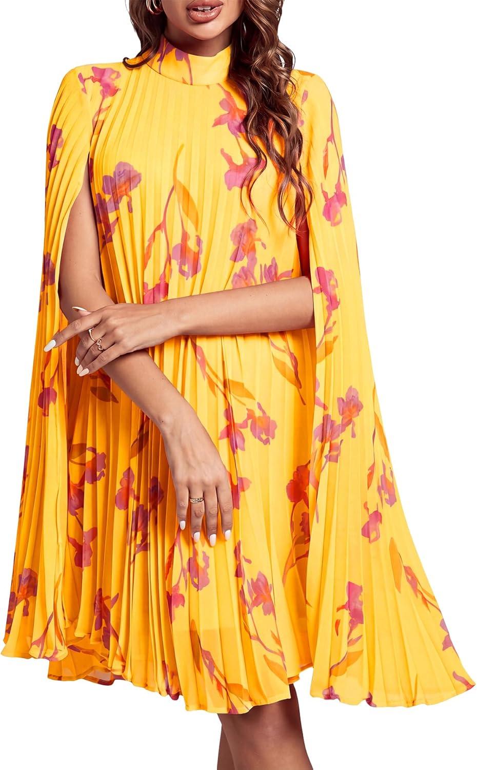 Rooscier Women's Mock Neck Cloak Sleeve Pleated Keyhole Back Flowy Party Midi Dress