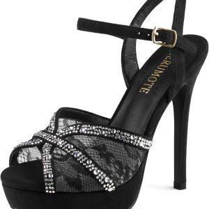 MERUMOTE Women's Peep Toe Platform 5 inch Stiletto Heels Rhinestone Sparkly Lace Heels Sexy Prom Shoes