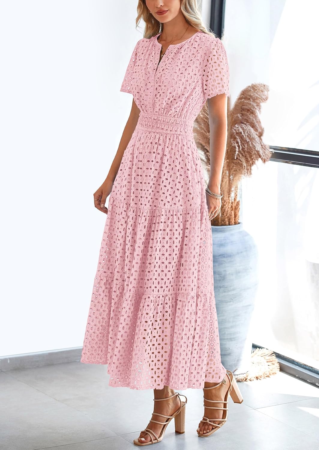 PRETTYGARDEN Womens 2026 Summer Maxi Dress Short Sleeve V Neck Hollow Out Eyelet A Line Long Flowy Beach Vacation Dresses - Image 3