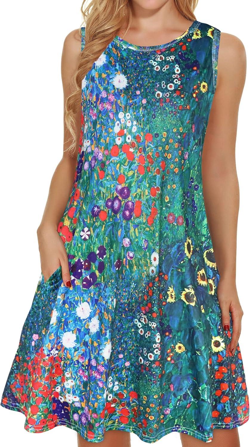 elescat Women's Summer Dresses 2026 Beach Casual Sleeveless Floral Print Tank Loose Sundress with Pocket