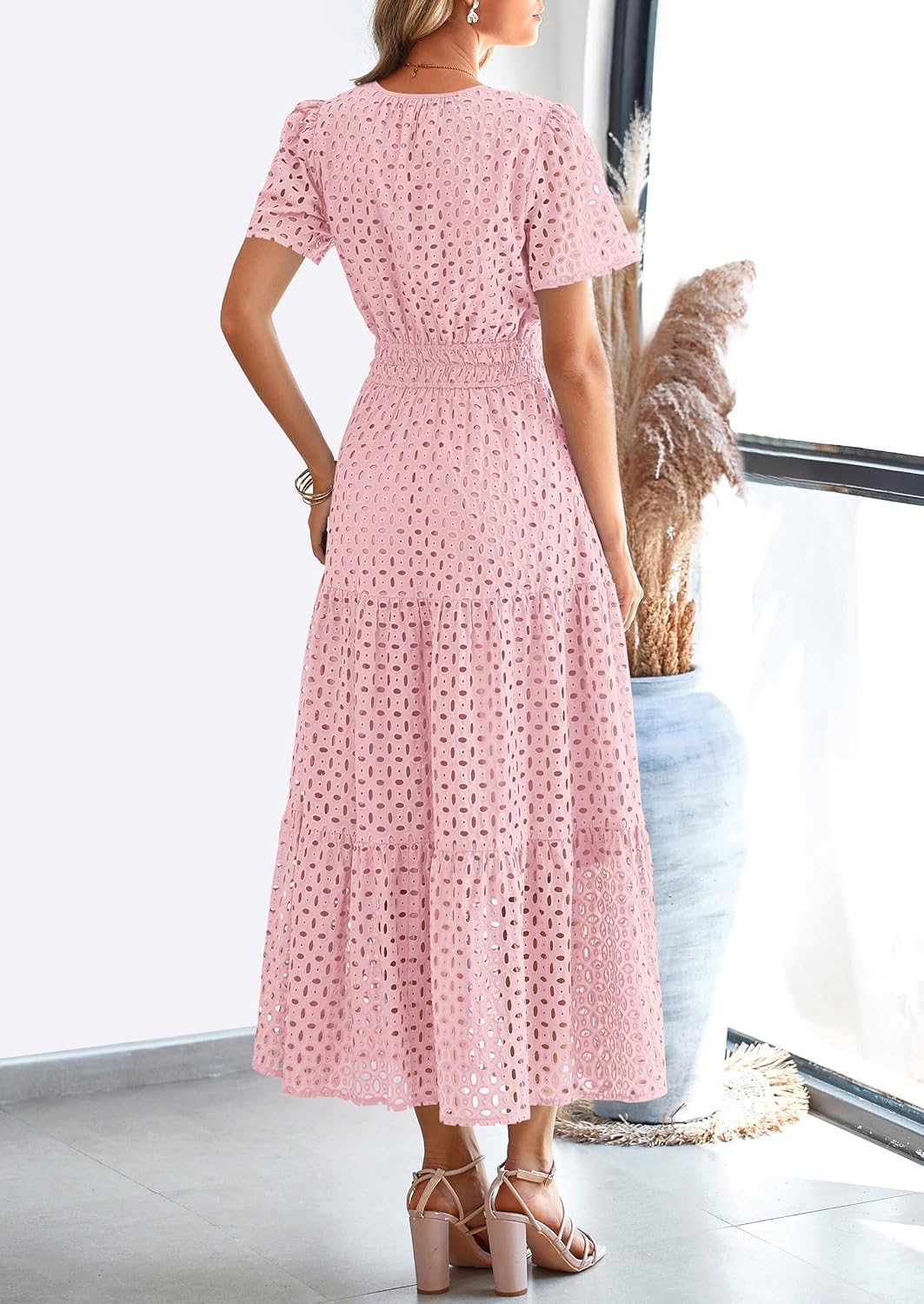 PRETTYGARDEN Womens 2026 Summer Maxi Dress Short Sleeve V Neck Hollow Out Eyelet A Line Long Flowy Beach Vacation Dresses - Image 2